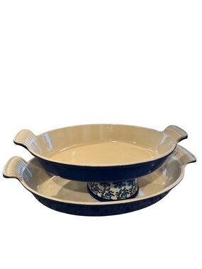 Le Creuset Oval Gratin Cast Iron Baking Dish Set 24 & 28 Heritage Blue France